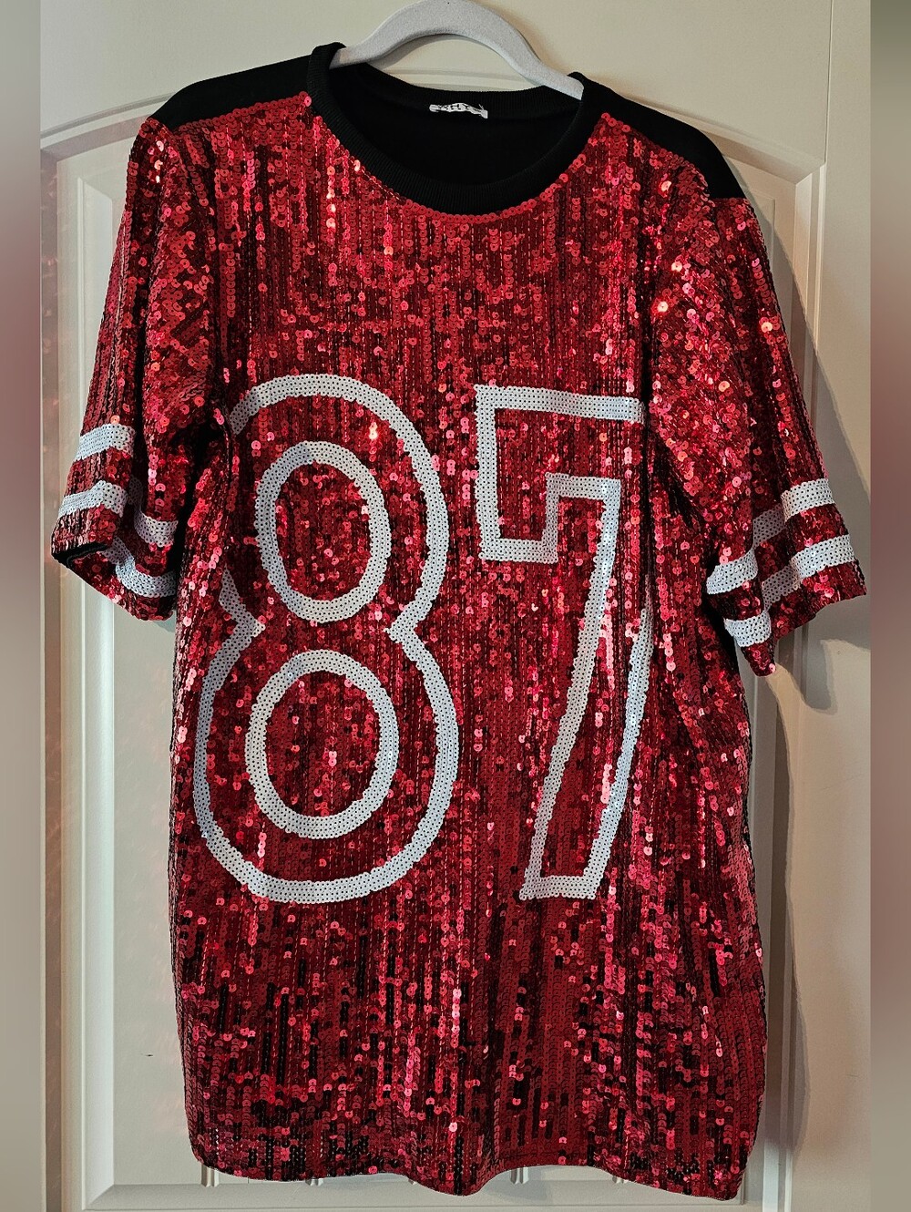 Red Sequin Short Sleeve Tee Dress with '87' Graphic